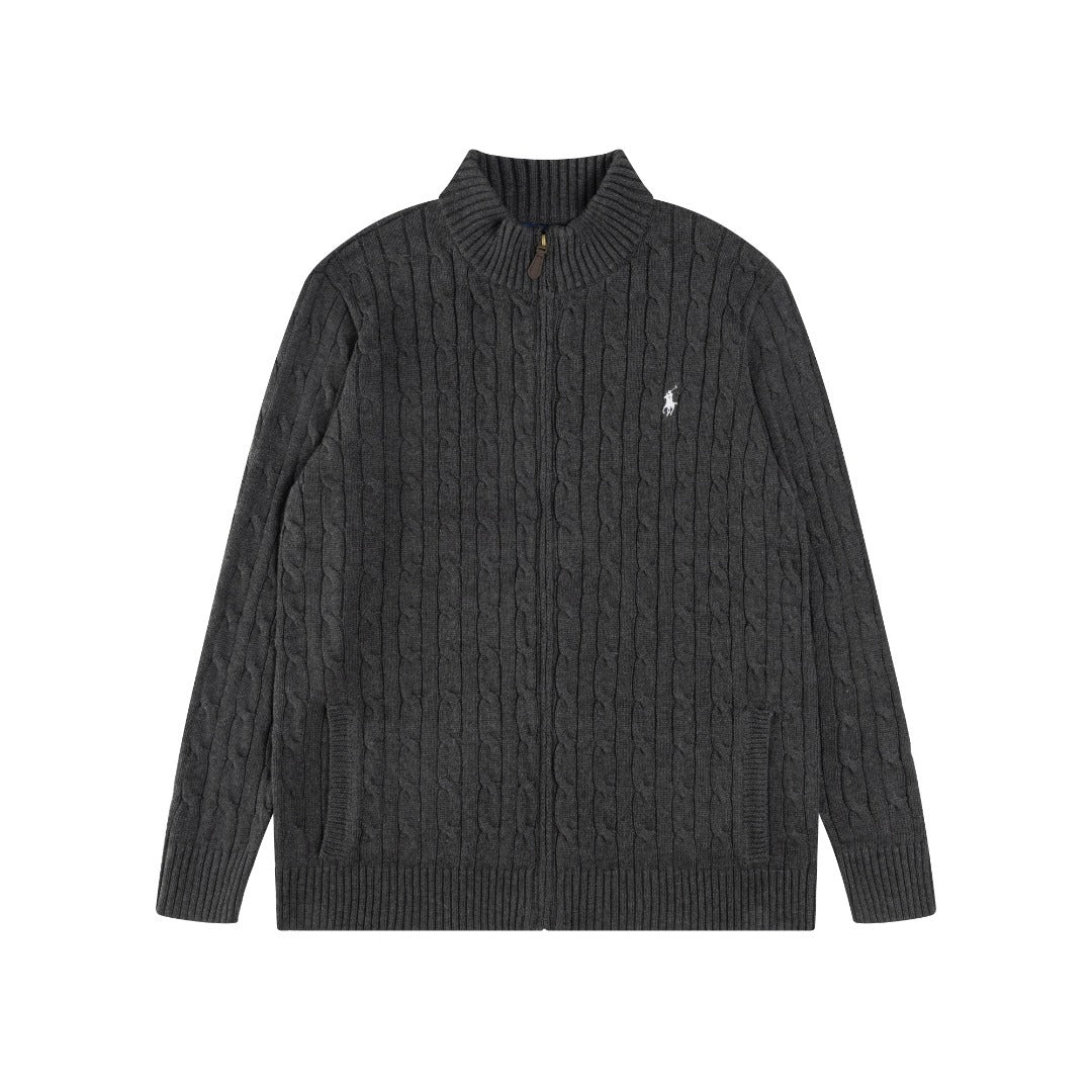 Classic Small-label Embroidery Logo Full Zipper Knitted Rope Cardigan Sweater Top Shipping