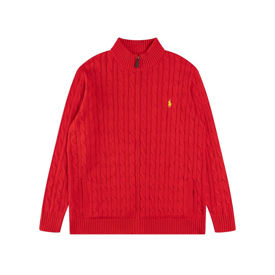 Classic Small-label Embroidery Logo Full Zipper Knitted Rope Cardigan Sweater Top Shipping